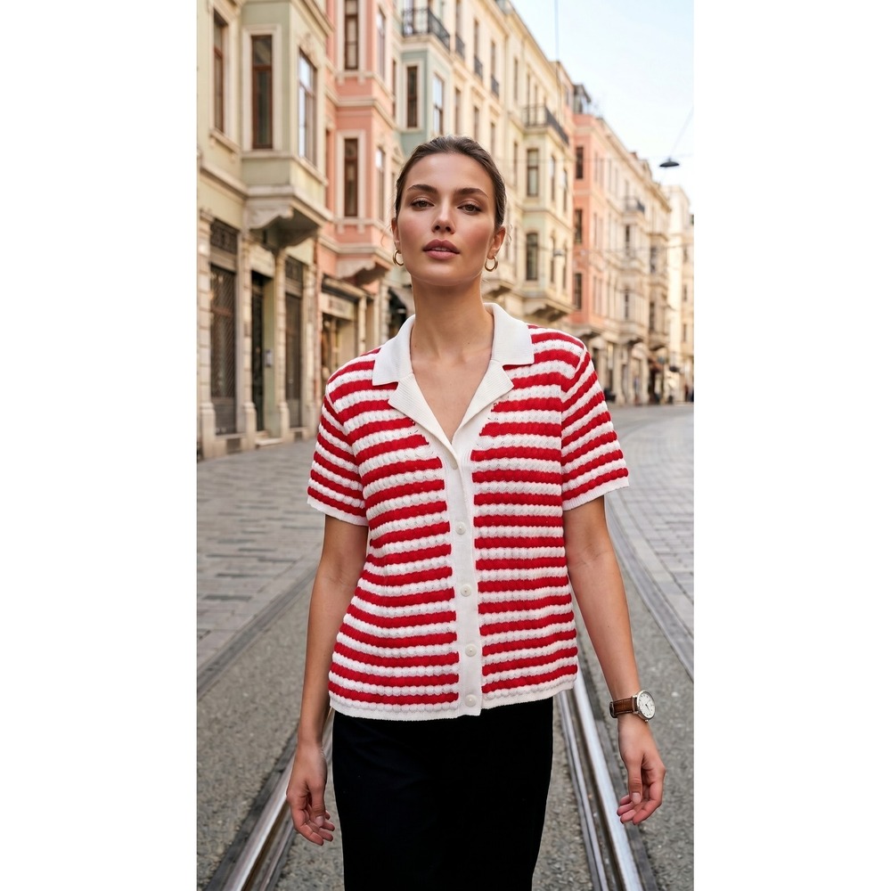 Women's Red White Striped Short Sleeve Knit Cardigan L Preppy Nautical Resort